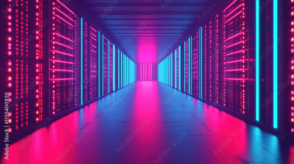 Poster futuristic server room bathed in vibrant neon lights, creating a modern workspace ideal for digital 