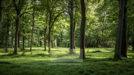 Obraz premium Lush green forest landscape with sunlit open meadow and tall majestic trees creating serene natural beauty : Generative AI