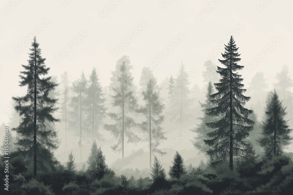 Poster a monochromatic forest of tall, thin trees in soft gray tones