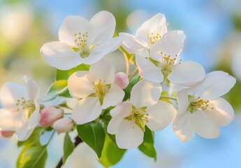 Fototapeta premium Beautiful Close-Up of Delicate White Apple Blossom Flowers in Full Bloom with Soft Green Leaves Against a Gentle Blue Sky Background