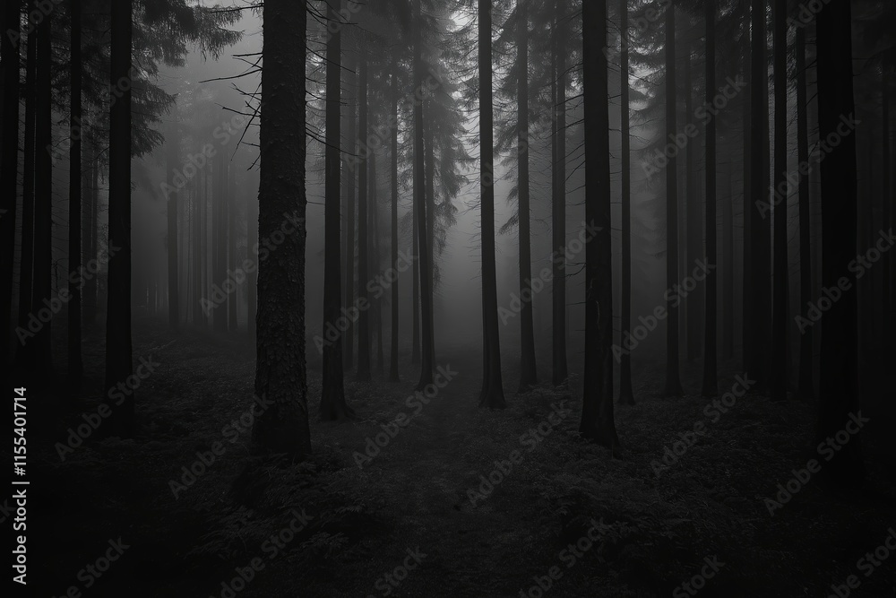 Wall mural A monochromatic forest of tall, thin trees in soft gray tones