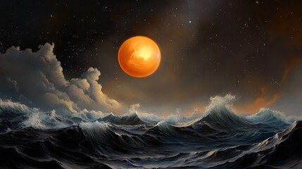 Fototapeta premium Orange Moon Over Tempestuous Sea - A large orange moon hangs over a dark, turbulent sea under a starry sky. Symbolizing mystery, power, serenity, chaos, and cosmic wonder.