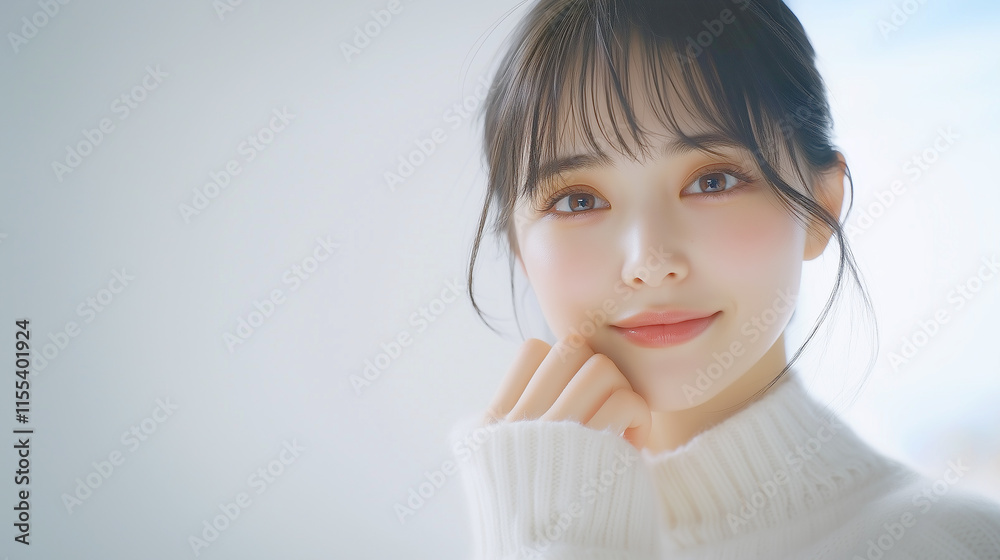 Poster 美肌の若くて可愛いアジア人女性モデルが、顎に手を当ててポーズを取っている笑顔の広告撮影。美容・ファッションポートレート。