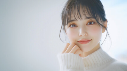 美肌の若くて可愛いアジア人女性モデルが、顎に手を当ててポーズを取っている笑顔の広告撮影。美容・ファッションポートレート。