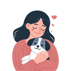 Heartwarming Flat Design Illustration of a Girl Hugging Her Cute Puppy with Hearts and Warm Color Palette