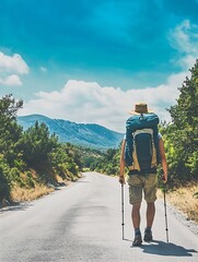 Man Hiking Alone on Scenic Country Road with Backpack and Trekking Poles : Generative AI