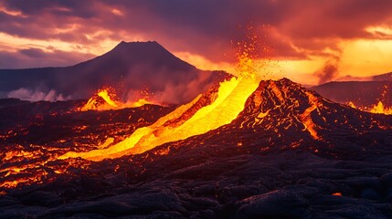Fototapeta premium Dramatic Active Volcano Eruption with Glowing Lava Flow at Sunset in Scenic Landscape : Generative AI