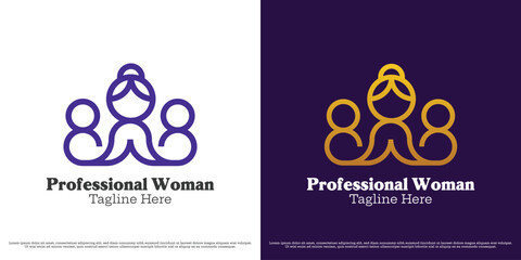 Leadership woman logo design illustration. Silhouette of beautiful feminine woman leading workplace company team work coach leader leadership professional. Simple minimal business icon vector.