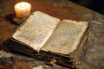 Obraz premium Antique open book on wooden table with candle light.