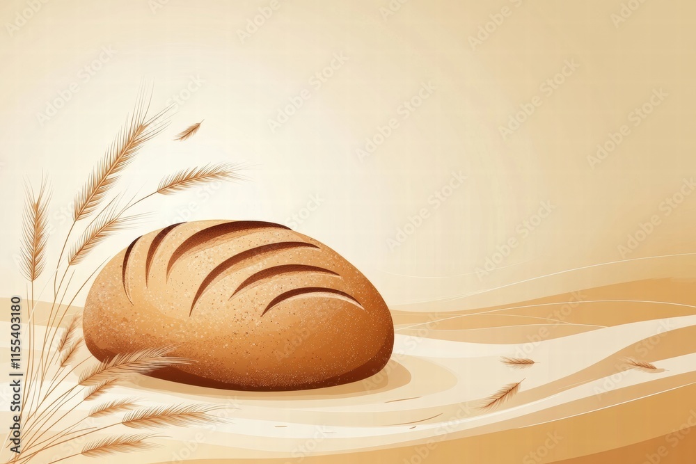 Aufkleber minimalist depiction of a bread loaf surrounded by wheat grains with ample space for text and brandi