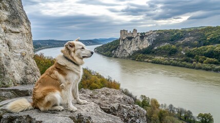 Dog Posing on Rocky Cliff Overlooking a River and Castle