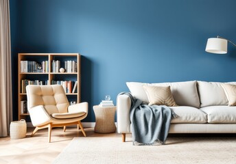 Beige armchair near sofa. Book shelf and floor lamp against blue wall. Scandinavian home interior design of modern living room