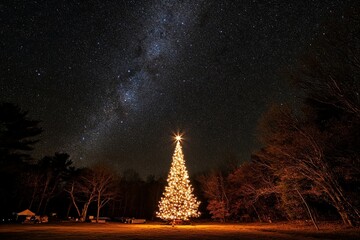 An illuminated Christmas tree shines brightly among the bare trees, standing against a backdrop of a glittering starry sky that evokes a sense of magical wonder.