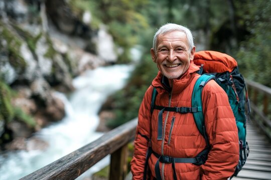 An elderly man with a bright orange jacket and backpack stands smiling on a wooden bridge in a lush forest, with a river flowing energetically below him.