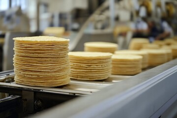 Stacks of freshly made tortillas neatly piled on a production line in a factory setting, illustrating mass production and food processing in an industrial environment.