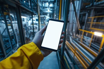 A hand holds a smartphone with a blank screen in an industrial setting, surrounded by futuristic, metallic structures and vibrant lighting elements.