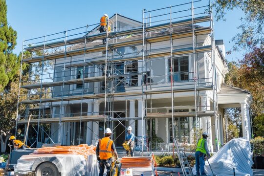 A large house surrounded by scaffolding as workers engage in renovation work, highlighting the process of restoration and construction in a residential environment.