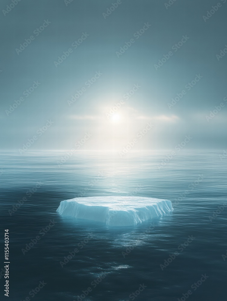 Poster Melting iceberg floating serenely in a vast ocean under a hazy sky at dawn. Generative AI