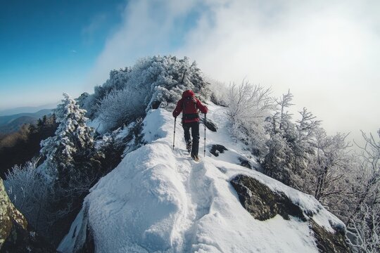 A solitary trekker ascends a narrow snow-covered mountain ridge, surrounded by frosty trees, under a crisp blue sky, embodying adventure and solitude.