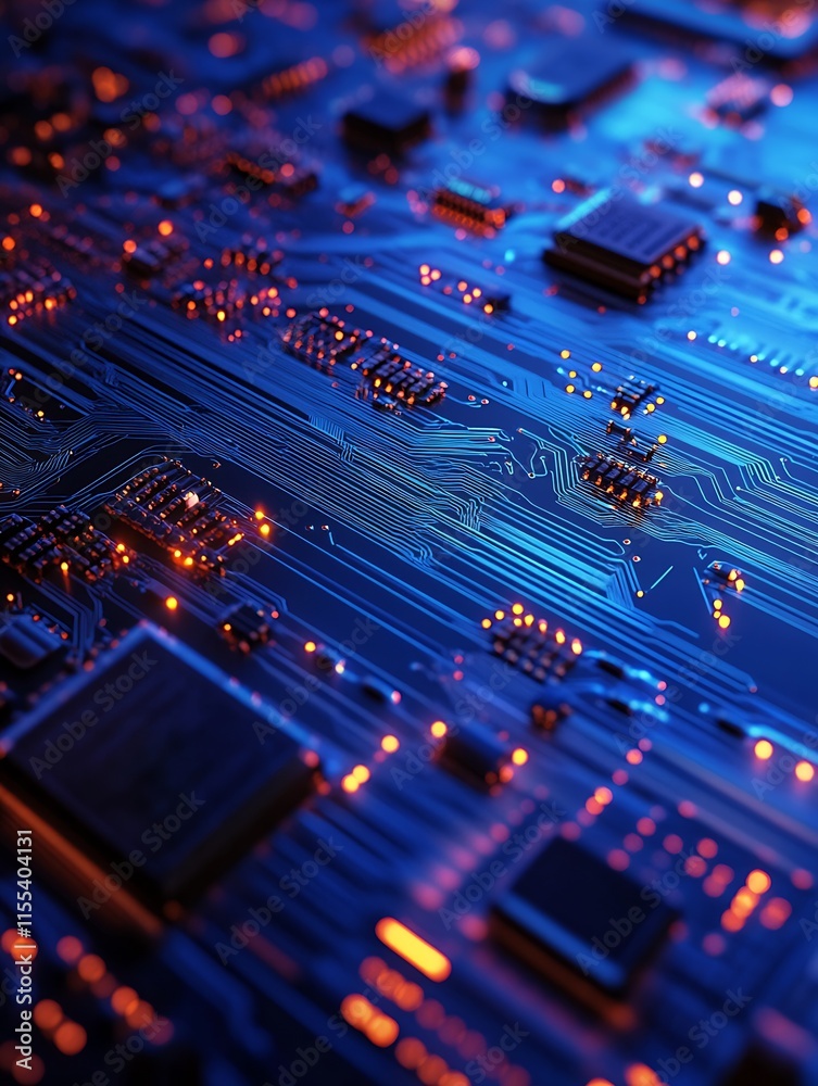 Poster futuristic circuit board closeup with glowing microchips and blue electric pathways : generative ai