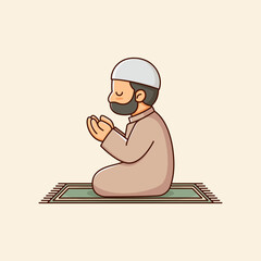 Simple Bold Islamic Illustration of Devout Man Praying on Rug