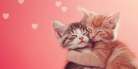 Two adorable kittens hugging on a soft pink background with heart details