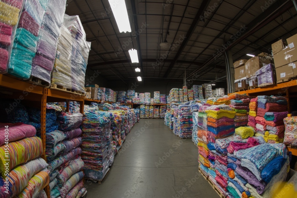 Poster Step into a vast warehouse filled with a diverse array of vibrant fabrics, showcasing an impressive collection that induces creativity and fosters textile innovation.