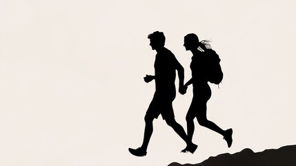 Obraz premium Silhouetted Couple Jogging Hand in Hand Along Beach at Sunset