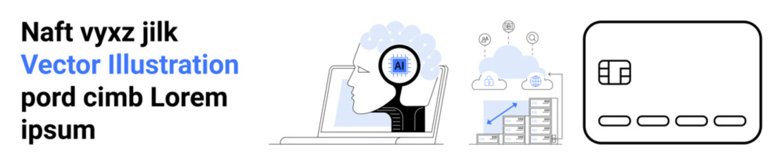 Computer monitor with human profile, magnifying glass, bar graphs, cloud icons, credit card graphic. Ideal for technology insights, business analytics, innovation, data visualization financial