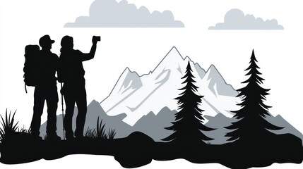 Couple Taking Selfie on Breathtaking Mountain Hike with Scenic Landscape Background