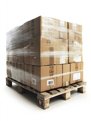 Large Stack of Cardboard Boxes Wrapped in Plastic on Wooden Pallet Ready for Transportation : Generative AI