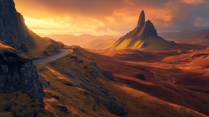 Naklejka premium A breathtaking landscape featuring a winding road leading to a majestic peak. The sunset casts warm hues over the terrain. Perfect for nature enthusiasts. Generative AI.