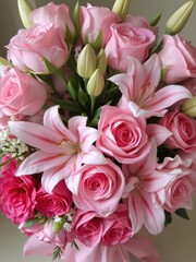 Fototapeta premium Elegant pink roses, lilies, and carnations arranged in a bouquet with a wrapped gift, beautiful flowers, floral arrangement