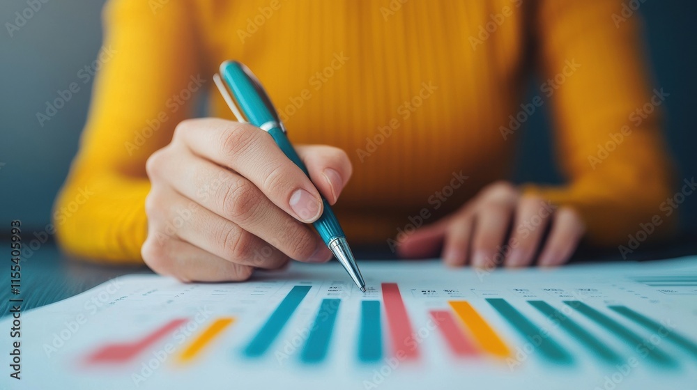 Aufkleber businesswoman examining colorful bar graph on paper using pen, concept of business analysis and data
