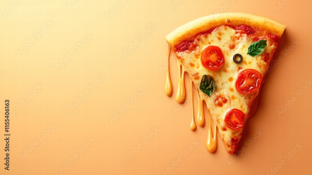Poster delicious pizza slice with stylized toppings and cheese drips on minimalist background. generative a