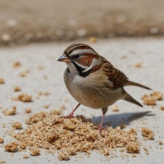 A sparrow hopping on the ground, surrounded by breadcrumbs, on a white background.