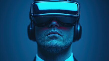 Close-up of a businessman experiencing virtual reality using a vr headset and headphones in a dark blue office, embracing futuristic technology