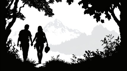 Young Couple Hiking on Vibrant Trail Surrounded by Nature and Mountains