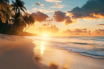 Tropical beach sunset with palm trees, golden sand, and calm ocean waves.