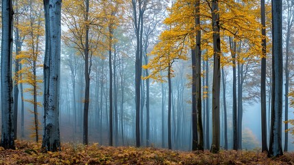 Fototapeta premium Misty autumn forest with blue fog and vibrant golden leaves create a mystical natural setting : Generative AI