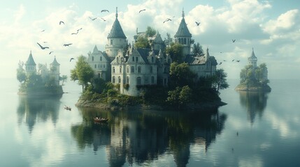 A serene island with a grand castle, surrounded by water and birds, reflecting tranquility.