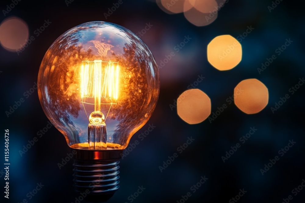 Poster a glowing light bulb in focus, radiating warm light against a backdrop of blurred bokeh lights, repr