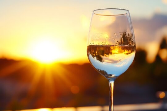 A delicate glass of white wine capturing the golden hues of a sunset, creating a serene and luxurious atmosphere at the intersection of nature and relaxation.