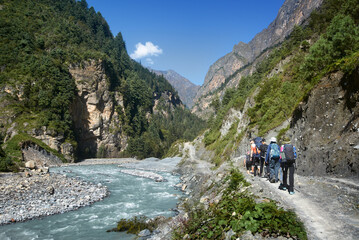 Group of tourists walks along mountain river, enjoying active recreation together in Himalayan mountains, Nepal.