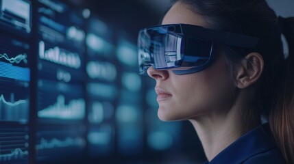 Businesswoman wearing vr headset analyzing data on multiple futuristic digital screens, concept of vr analytics and immersive technology