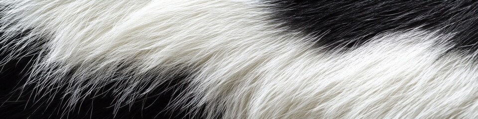 Close-up of black and white animal fur texture with contrast and detail
