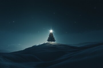 A single Christmas tree glows atop a snow-covered hill, illuminated by stars in the night sky, creating a serene and magical outdoor winter scene.