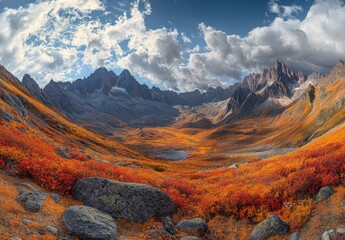 Naklejka premium Breathtaking Autumn Landscape in Majestic Mountain Range with Vibrant Orange and Yellow Foliage Surrounding a Serene Reflective Lake Under Dramatic Cloudy Sky