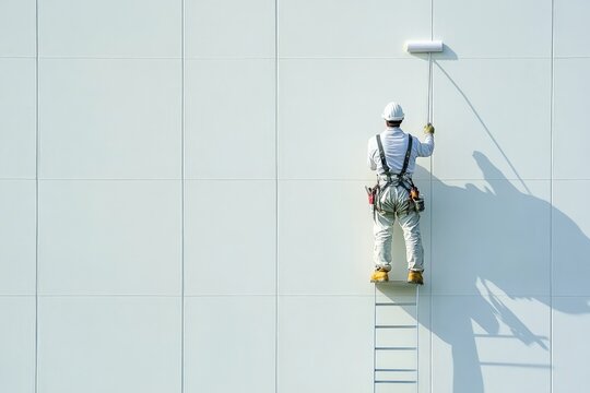 A painter dressed in safety gear stands elevated, applying white paint to a pristine wall with a roller, exemplifying meticulous precision and modern design.