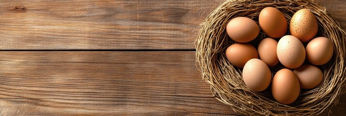 A beautifully arranged display of brown eggs nestled comfortably in a natural straw nest, evoking the joyous spirit of Easter and the celebration of new beginnings, fresh life, and hope